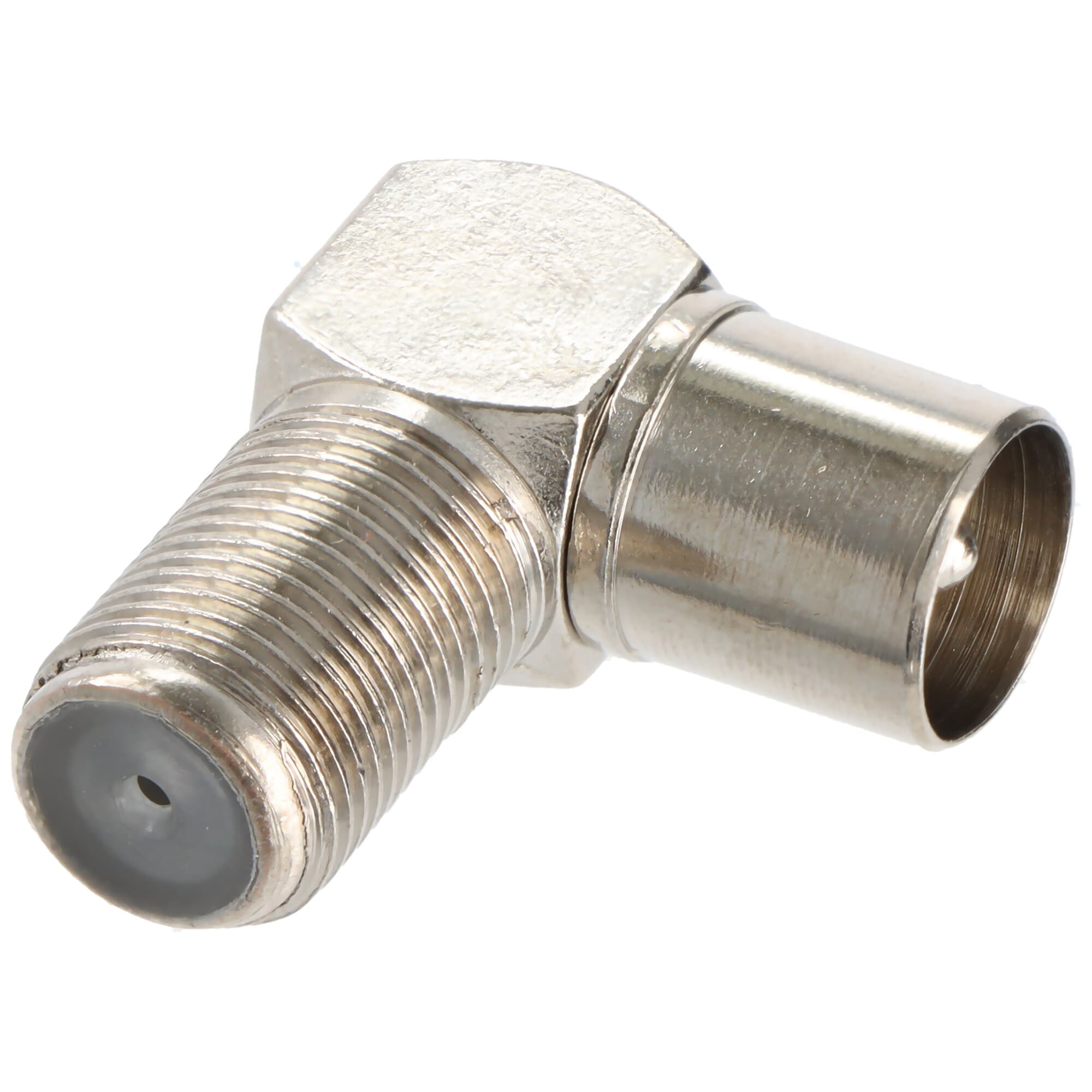 Adaptateur d'angle Goobay : prise F > fiche coaxiale 90° - fiche d'adaptation en zinc