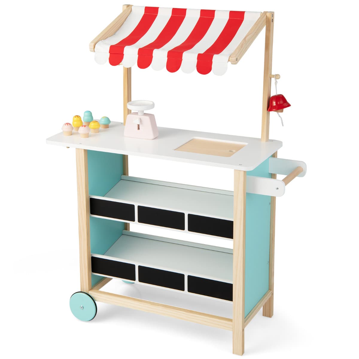 CostwayMarchande pour Enfant Chariot à Crème Glacée en Bois Grande Jouet d'Imitation pour Jeux de rôle 79x29,5x100cm Dès 3 Ans Rouge