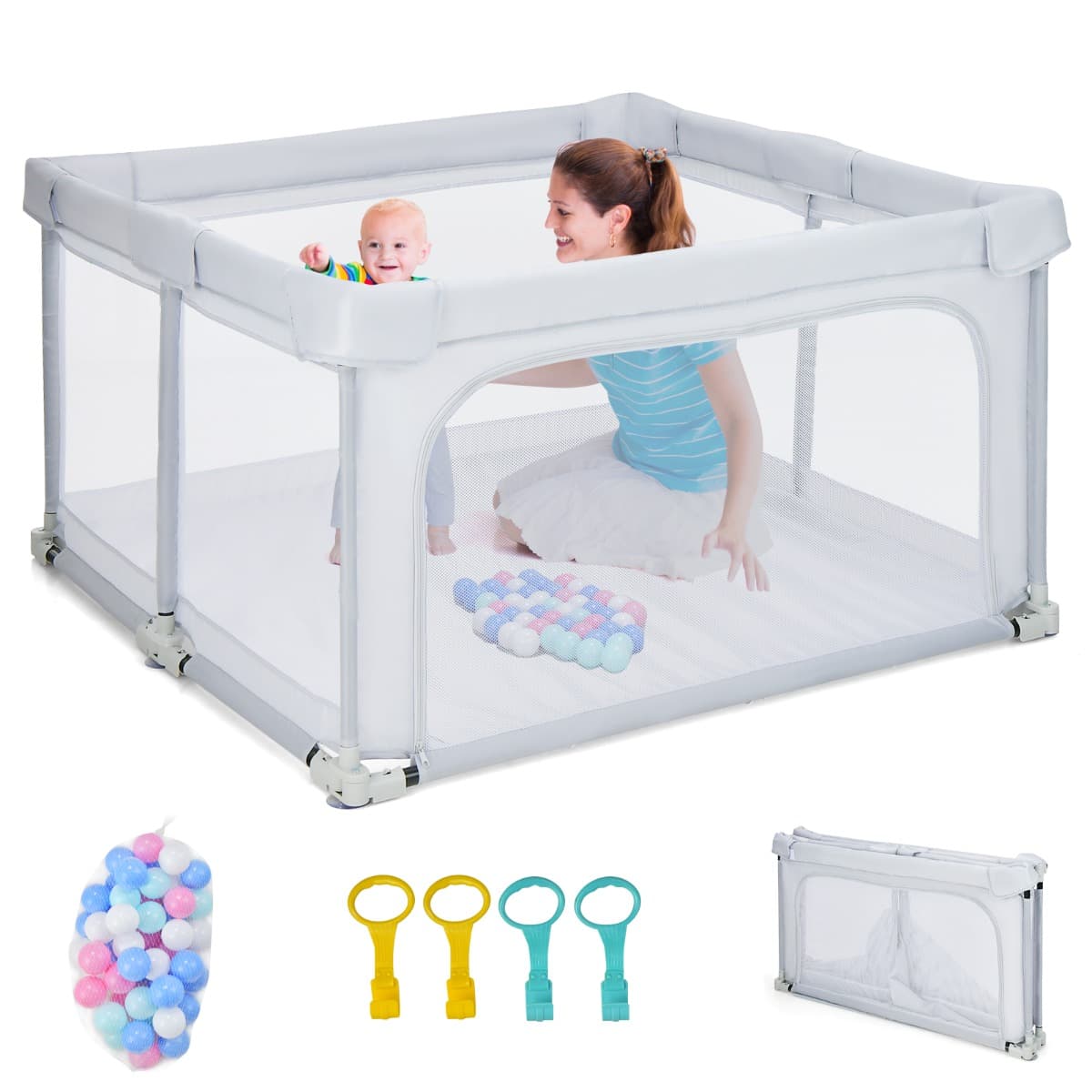 CostwayParc Bébé Pliable 124x124cm avec Hauteur Scientifique 70cm & Maille Respirante Gris Clair