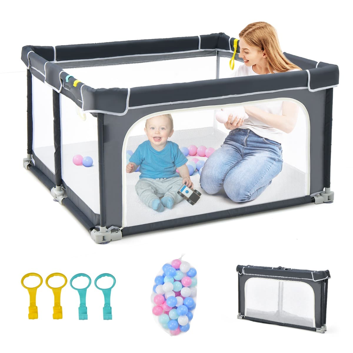CostwayParc Bébé Pliable 124x124cm avec Hauteur Scientifique 70cm & Maille Respirante Gris Foncé