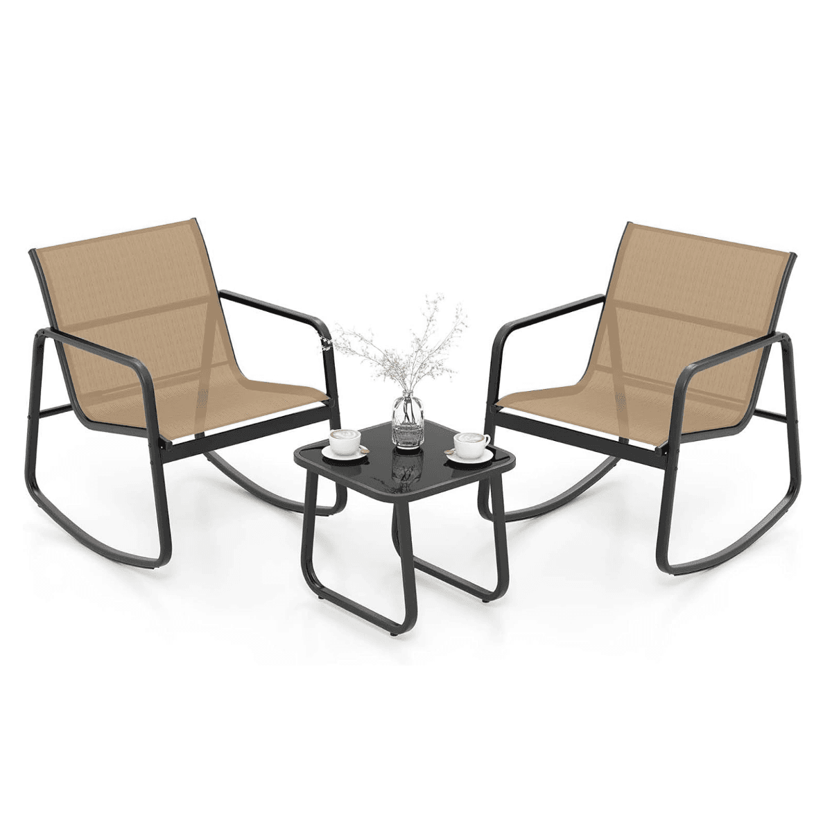 CostwaySalon de Jardin 3 Pièces avec Chaises à Bascule Table en Verre Ensemble de Meuble Extérieur 2 Fauteuils Cadre Métallique Charge 150KG Marron
