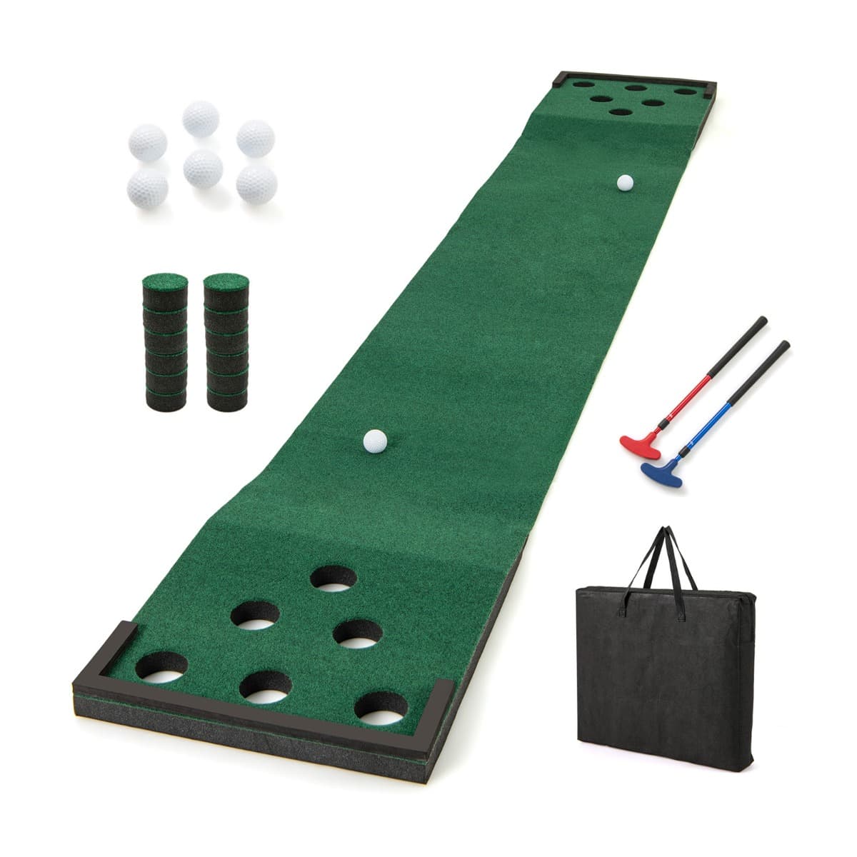 CostwayJeu de Putting Golf Pong Tapis de Putting Green de 332cm avec 2 Putters Ajustables 6 Balles et 12 Couvercles de Trou