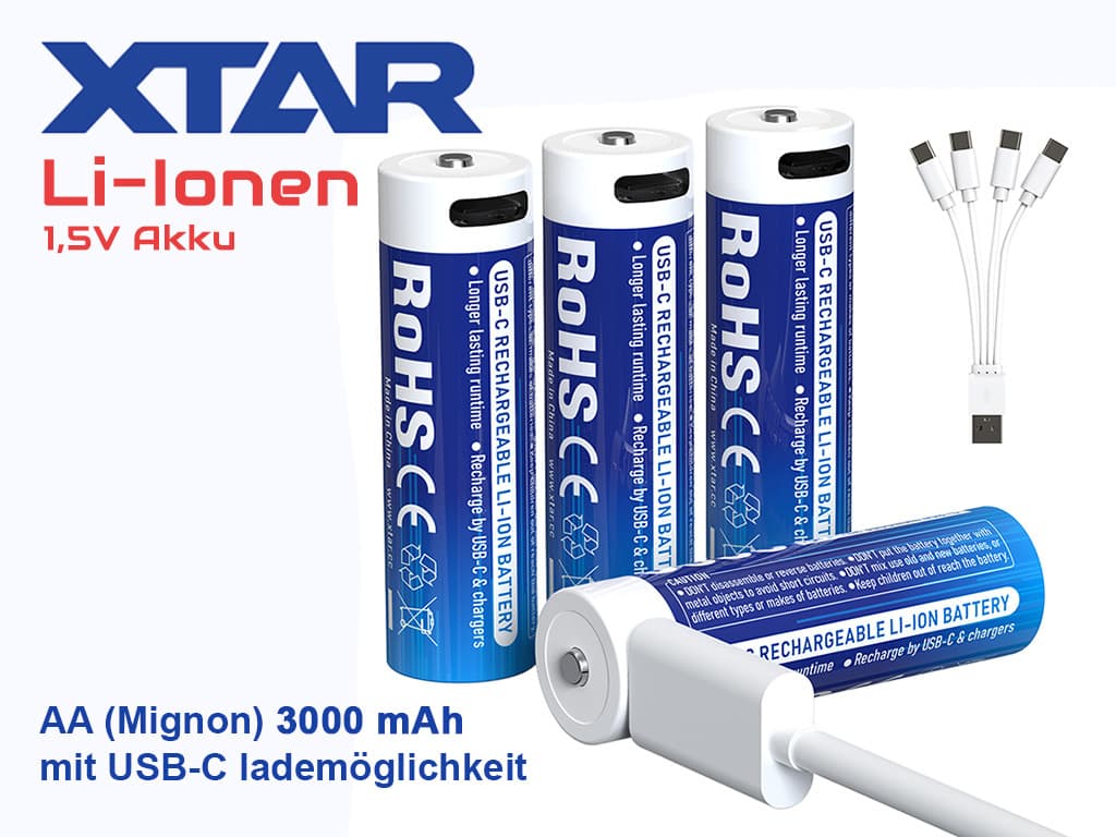 Batterie XTAR, 4 piles AA 1,5 V Li-ion 3000 mAh – USB-C – à tension décroissante, avec électronique de charge intégrée, innovante et fiable